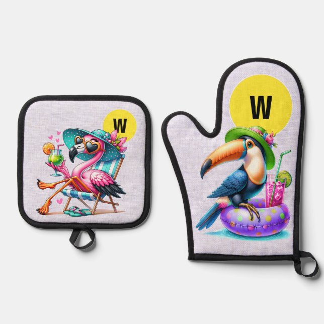 Flamingo Fun Ofenhandschuh & Topflappen-Set (Vorderseite)