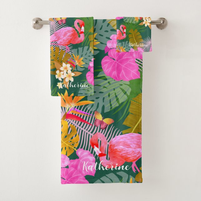 Flamingo Garden Dark Green Badhandtuch Set (Insitu)