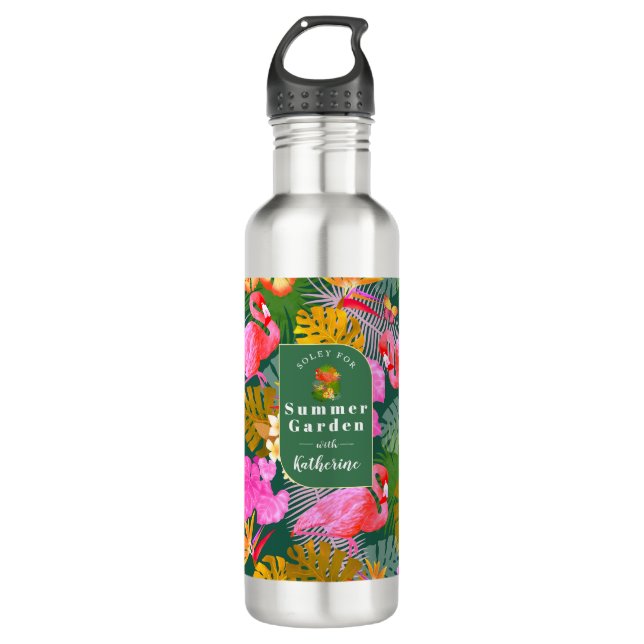 Flamingo Garden Dark Green Edelstahlflasche (Vorderseite)