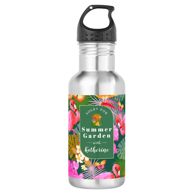 Flamingo Garden Dark Green Edelstahlflasche (Vorderseite)
