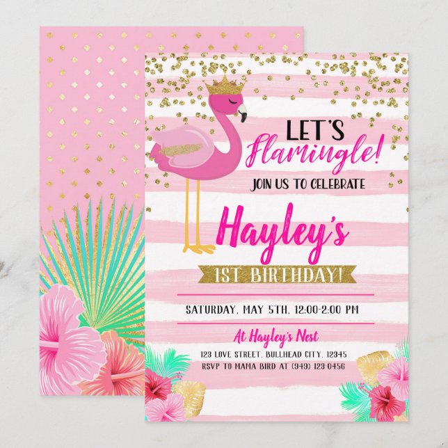 Flamingo Girls Pink Gold Geburtstag Let's Flamingl Einladung (Vorne/Hinten)