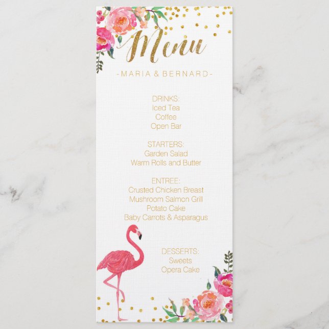 Flamingo Gold Wedding Menu Card Menükarte (Vorderseite)