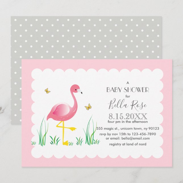 Flamingo Gray Polka Dots Baby Showeinladung Einladung (Vorne/Hinten)