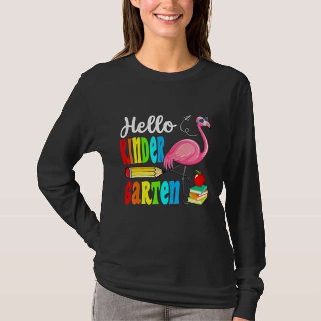 Flamingo Hello Kindergarten Happy First Day Of Sch T-Shirt (Vorderseite)