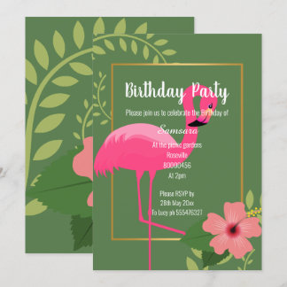 FLAMINGO HIBISKEN SAGE GREEN GOLD GEBURTSTAG EINLADUNG