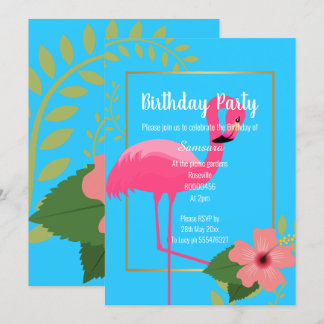 FLAMINGO HIBISKUS BLAUE GOLD GEBURTSTAG EINLADUNG