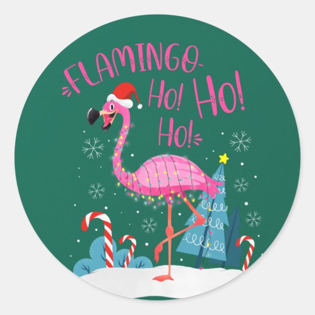 Flamingo Ho-Ho-Ho Christmas Pink Flamingo Thema Runder Aufkleber (Vorderseite)