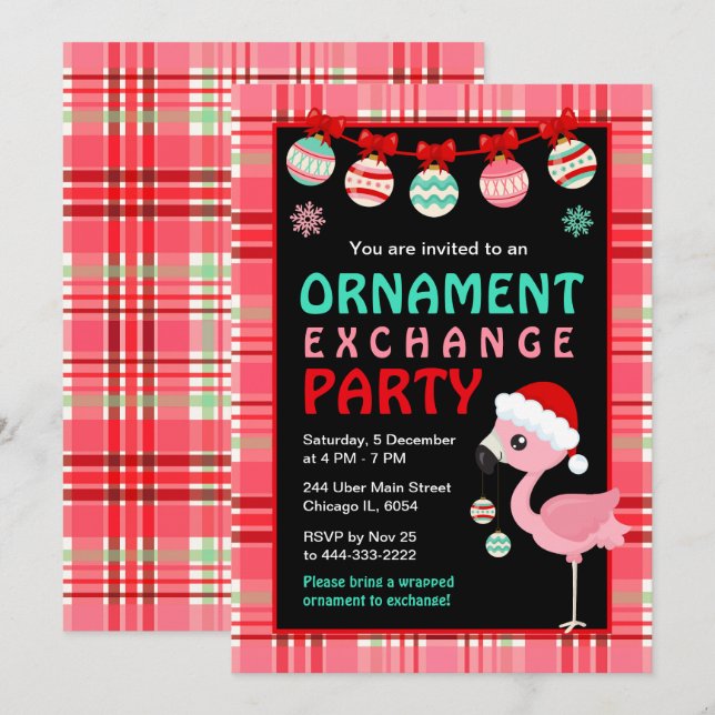 Flamingo Holiday Ornament Exchange Party Einladung (Vorne/Hinten)