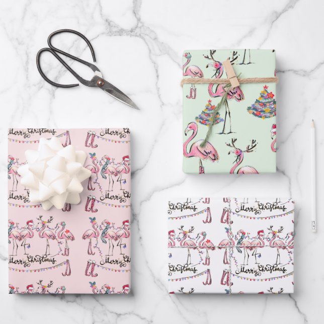 Flamingo Holiday Party Wrapping Paper Geschenkpapier Set (Vorderseite)