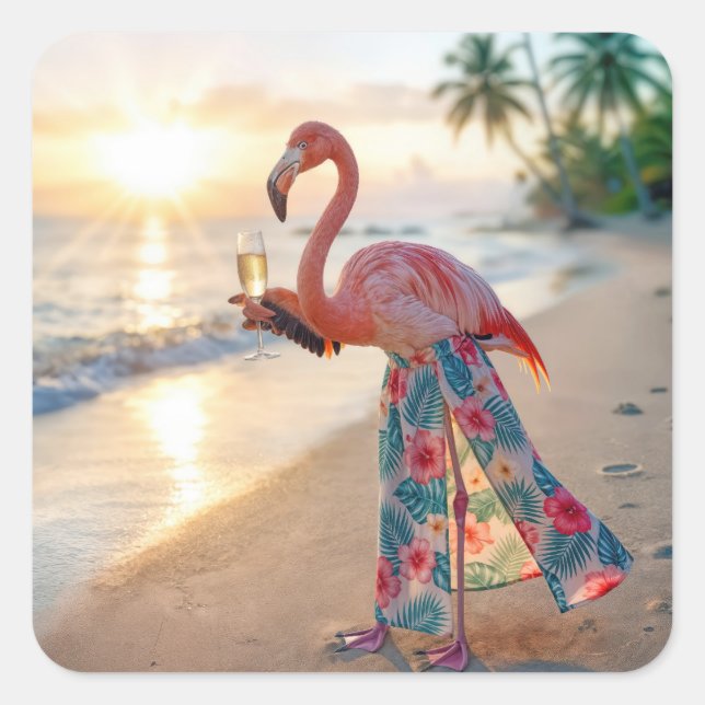 Flamingo In a Skirt Holding a Champagne Flute Quadratischer Aufkleber (Vorderseite)