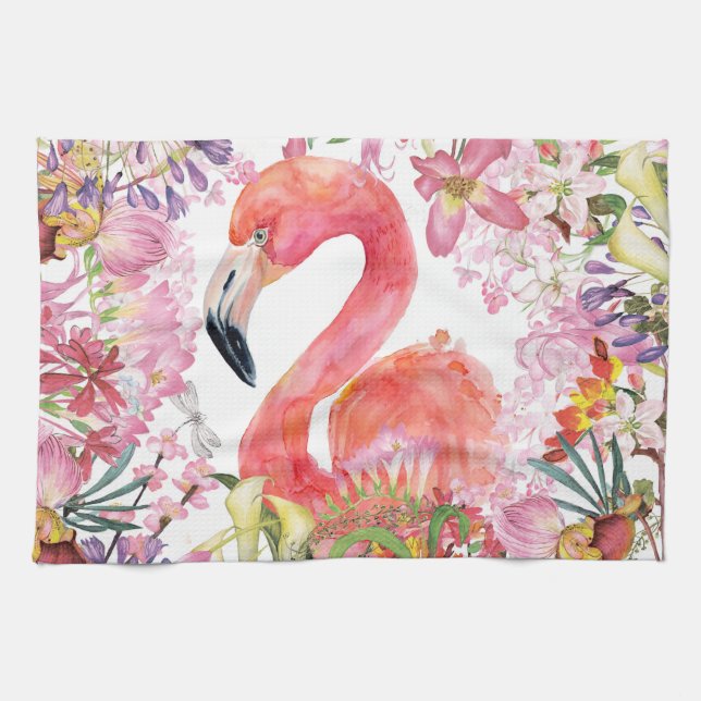 Flamingo in Blume Dschungel - Sommermuster Geschirrtuch (Horizontal)