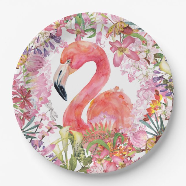 Flamingo in Blume Dschungel - Sommermuster Pappteller (Vorderseite)