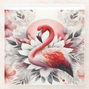 Flamingo in der Blume Rot und Weiß Glasuntersetzer