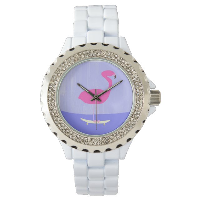 Flamingo in der Skateboardmalerei Kunst Armbanduhr (Vorderseite)
