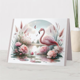 Flamingo in Pastell-Teich Blumen Szene Dankeskarte