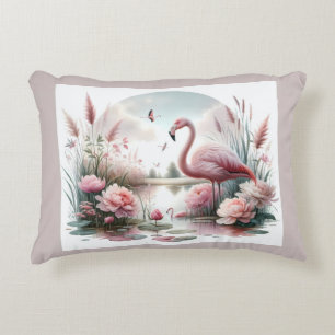 Flamingo in Pastell-Teich-Blumen-Szene Dekokissen