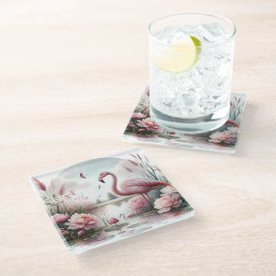 Flamingo in Pastell-Teich Blumen Szene Glasuntersetzer