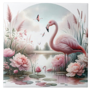 Flamingo in Pastellteich Blumenszene Fliese