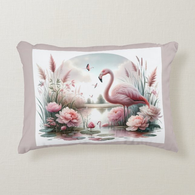 Flamingo in Pastelteich-Blumenzene Dekokissen (Vorderseite)
