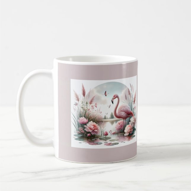 Flamingo in Pastelteich-Blumenzene Kaffeetasse (Links)