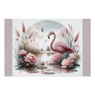 Flamingo in Pastelteich-Blumenzene Poster