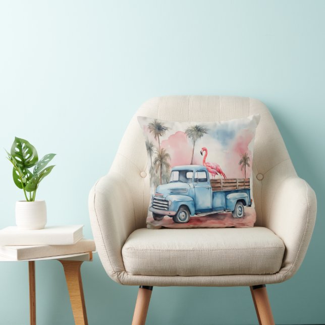 Flamingo in Retro Blue Truck Kissen (Stuhl )