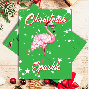 Flamingo in Weihnachtsmannmütze & Sunglass Green C Postkarte