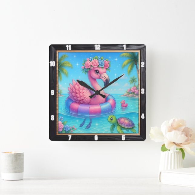 Flamingo Inner Tube Beach Quadratische Wanduhr (Zuhause)