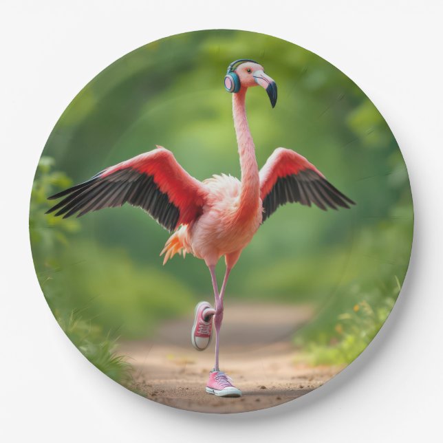 Flamingo-Joggen mit rosa Sneakers und hohen Spitze Pappteller (Vorderseite)