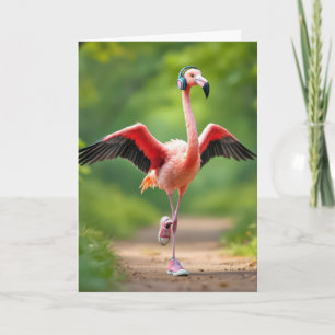 Flamingo Joggen mit rosa Sneakers und Kopfhörer Karte