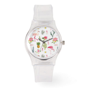 Flamingo-Kaktus-Ananas-Hibiskus-Muster Armbanduhr