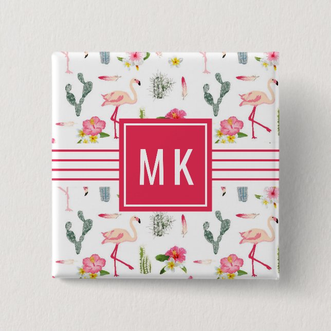 Flamingo-Kaktus-Ananas-Hibiskus-Muster Button (Vorderseite)