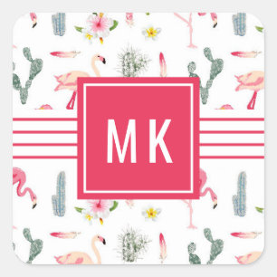 Flamingo-Kaktus-Ananas-Hibiskus-Muster Quadratischer Aufkleber
