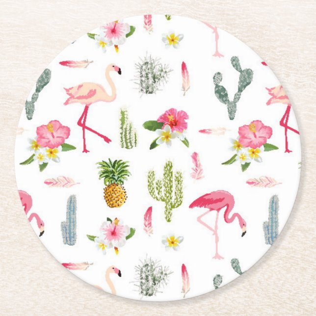 Flamingo-Kaktus-Ananas-Hibiskus-Muster Runder Pappuntersetzer (Vorderseite)
