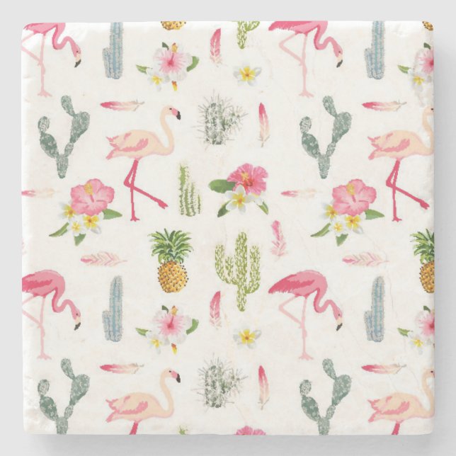 Flamingo-Kaktus-Ananas-Hibiskus-Muster Steinuntersetzer (Vorderseite)