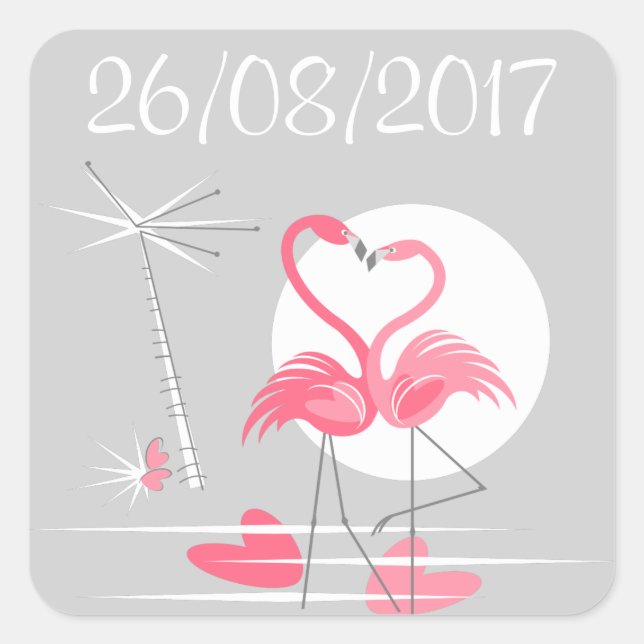Flamingo Liebe Datum Aufkleber Quadrat (Vorderseite)