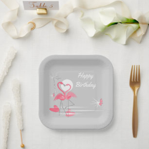 Flamingo Liebe Happy Birthday Square Pappteller