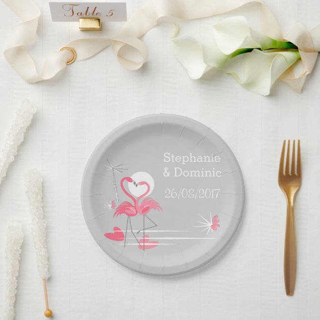 Flamingo-Liebe-Namen Date-Papier-Teller Pappteller (Hochzeit)