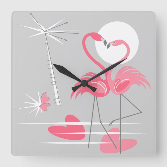 Flamingo Love clock square Quadratische Wanduhr (Vorderseite)