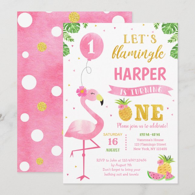 Flamingo Luau Erster Geburtstag Party Einladungen (Vorne/Hinten)
