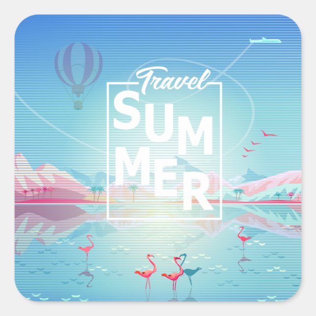 Flamingo, Magic Travel Tropical Sea Beach Trendy Quadratischer Aufkleber (Vorderseite)
