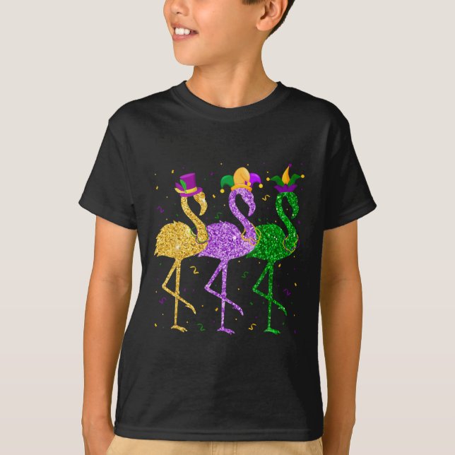 Flamingo Mardi Gras Funny Mask Beads Karneval Teil T-Shirt (Vorderseite)