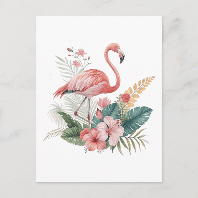Flamingo mit Blume Postkarte (Vorderseite)