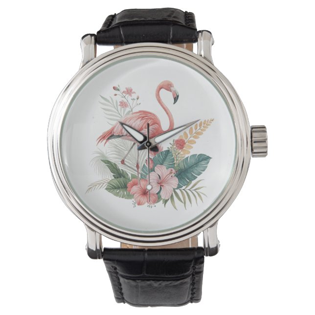 Flamingo mit Blumen Armbanduhr (Vorderseite)