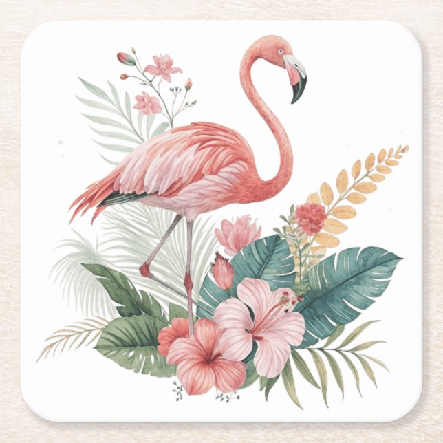 Flamingo mit Blumen Rechteckiger Pappuntersetzer (Vorderseite)