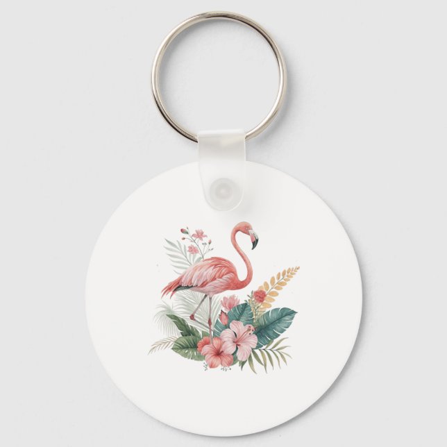 Flamingo mit Blumen Schlüsselanhänger (Vorderseite)