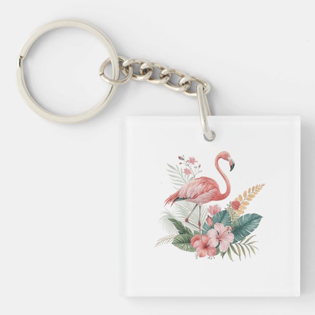 Flamingo mit Blumen Schlüsselanhänger (Vorderseite)