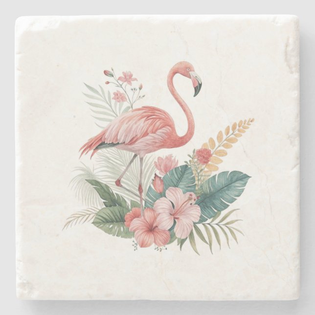 Flamingo mit Blumen Steinuntersetzer (Vorderseite)