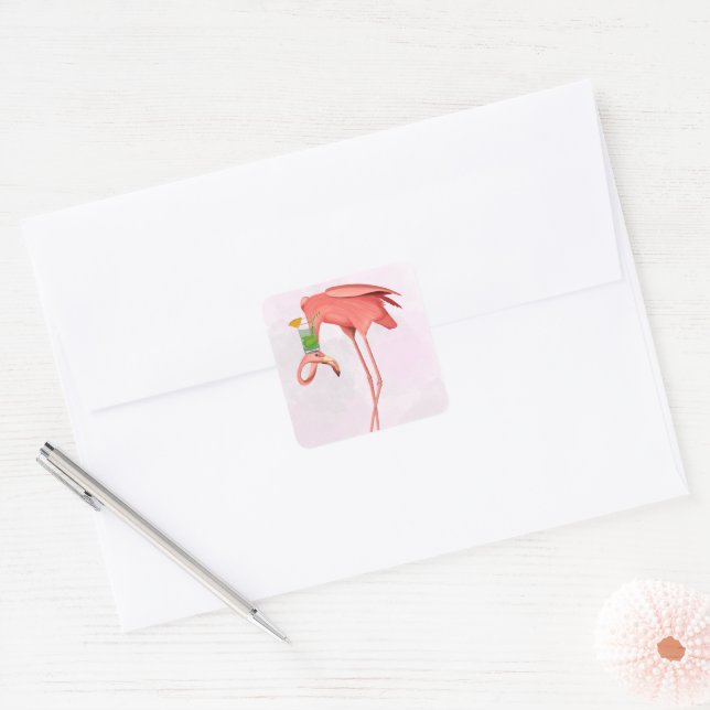 Flamingo mit Cocktail Quadratischer Aufkleber (Umschlag)