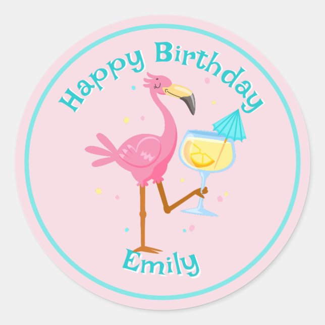 Flamingo mit Cocktail Runder Aufkleber (Vorderseite)